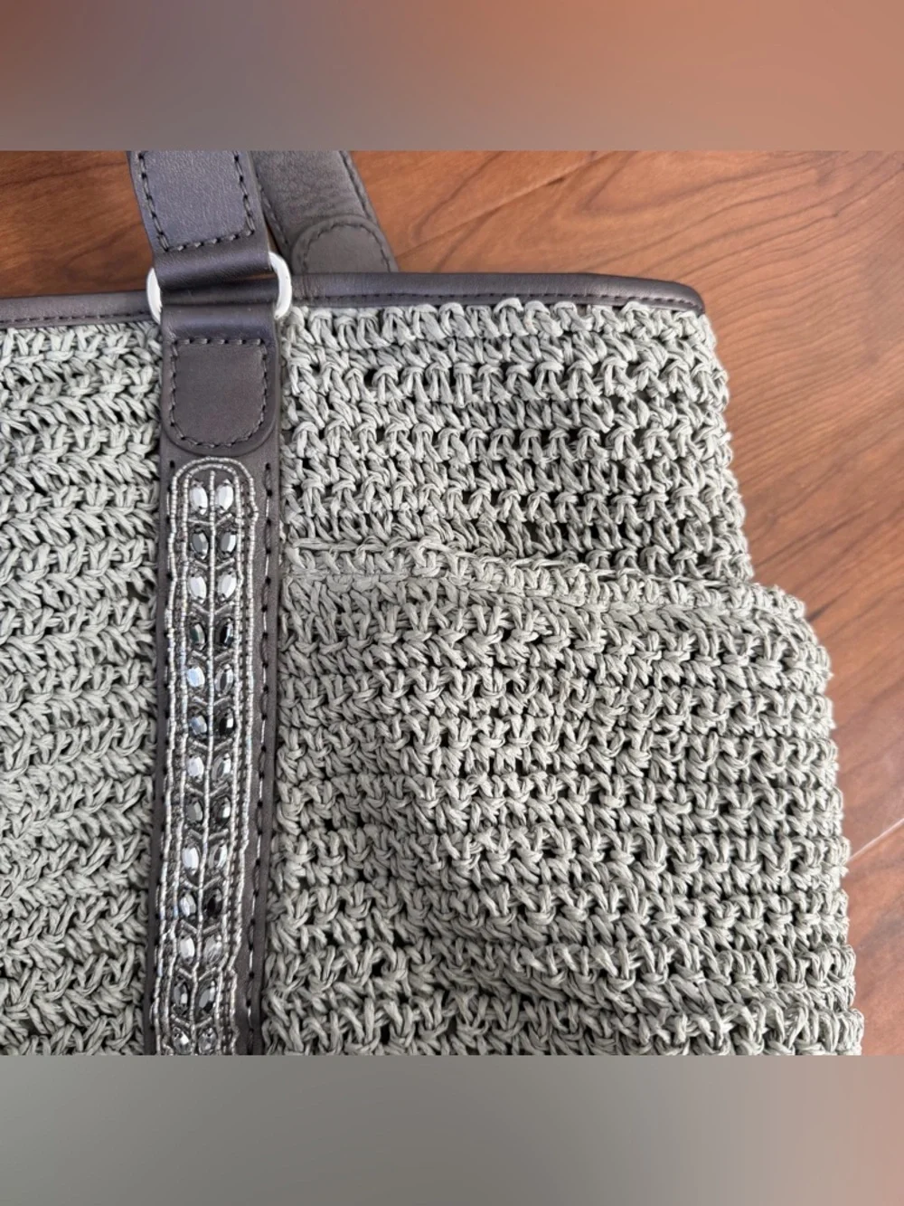 Brighton Aria Anju XLStraw Woven Leather‎ Carryall Pewter Gray Tote Shoulder Bag